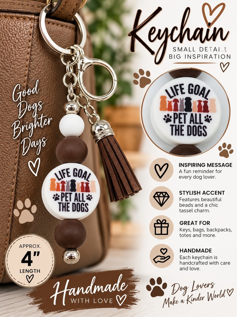 A69. Pet All the Dogs Keychain Brown & White NWT